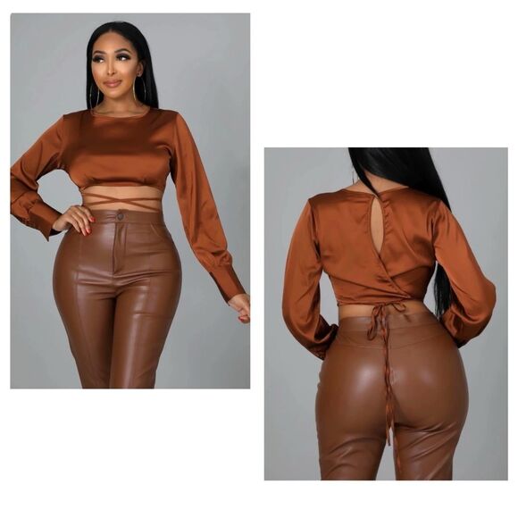 Sans Souci fluid satin cognac brown long sleeve tie wrap crop top size small - Picture 1 of 8